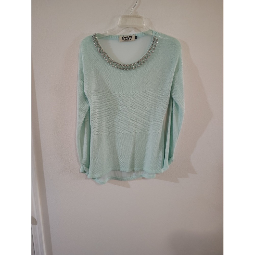 Envy Amazingly Chic Mint Green Rhinestone Embellished Knit Sheer Back Top Medium